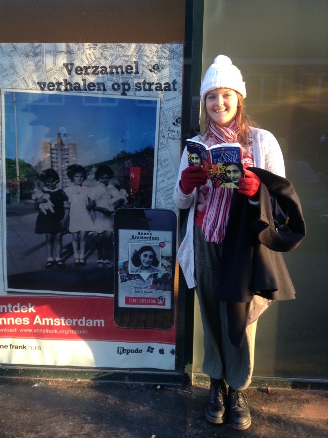 Me at the Anne Frank house featuring the book!
